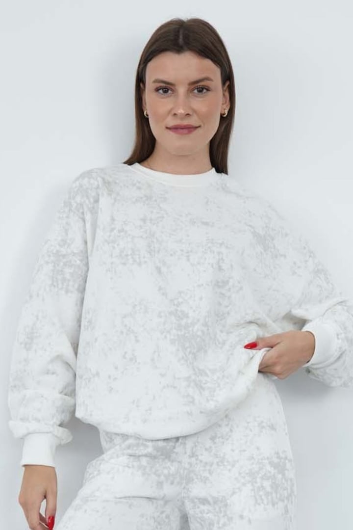 Valeria Kadın 3 İplik Şardonsuz Pamuk Oversize Bisiklet Yaka Sweatshirt-Ekru-Gri Baskılı