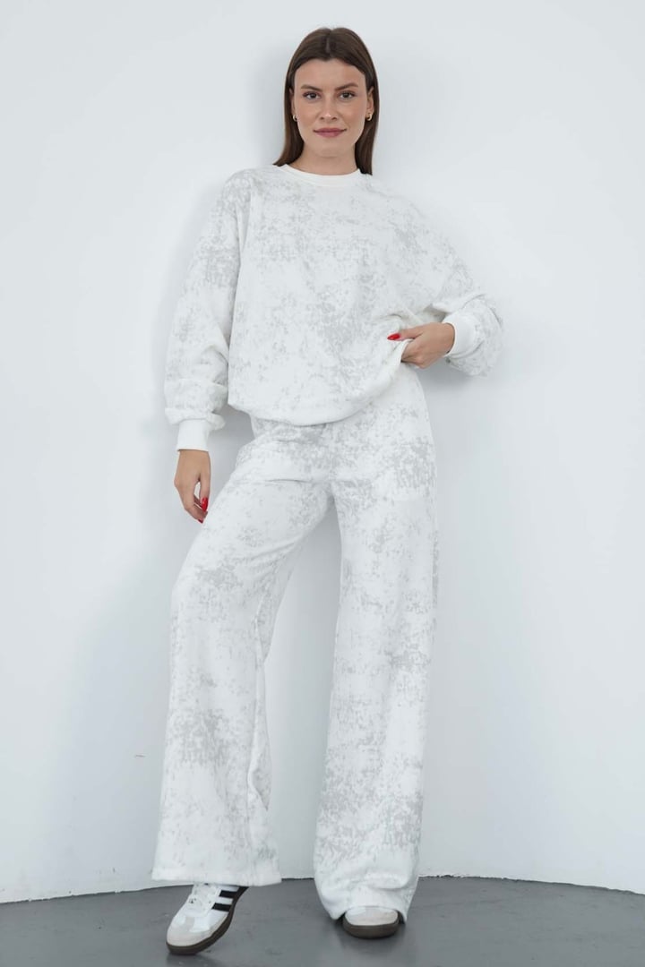 Oversize Sweatshirt & Geniş Paça Eşofman Altı Takım-Ekru-Gri Baskılı