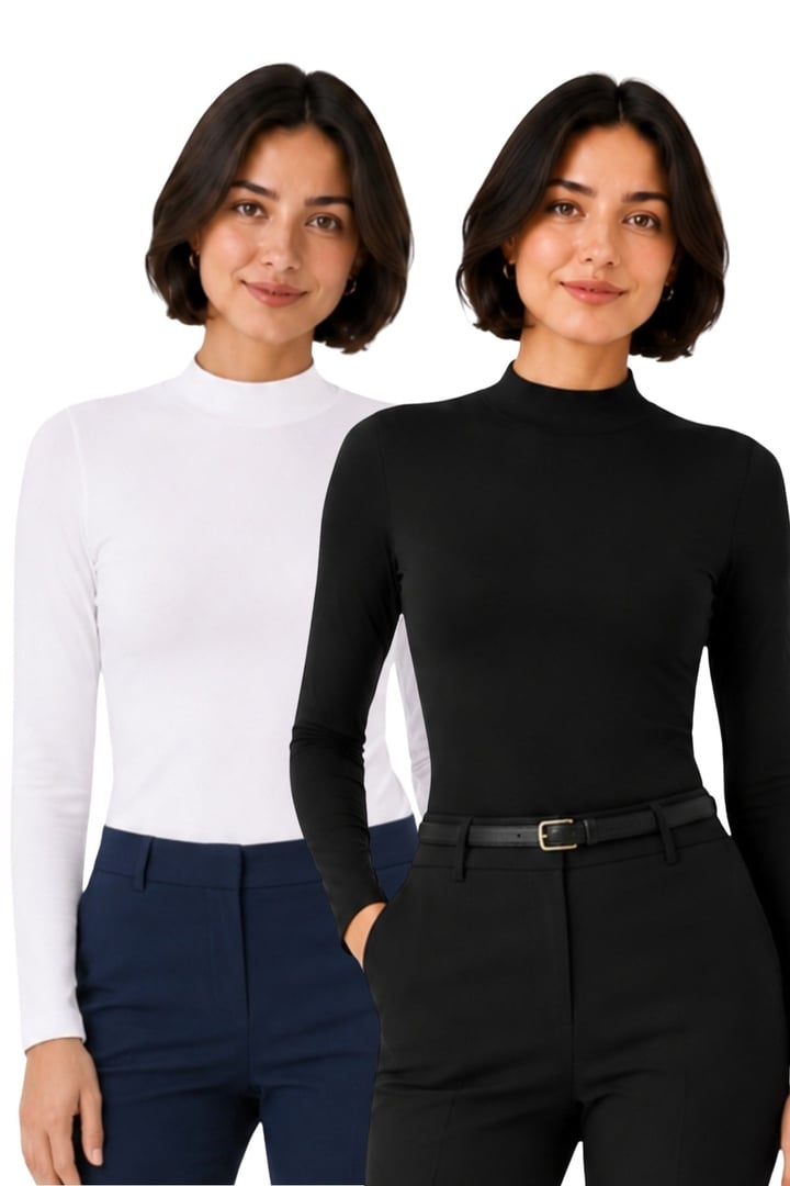 Kadın Viskon Boğazlı Kopçalı Zıbın Body 2'li Set Siyah-Beyaz