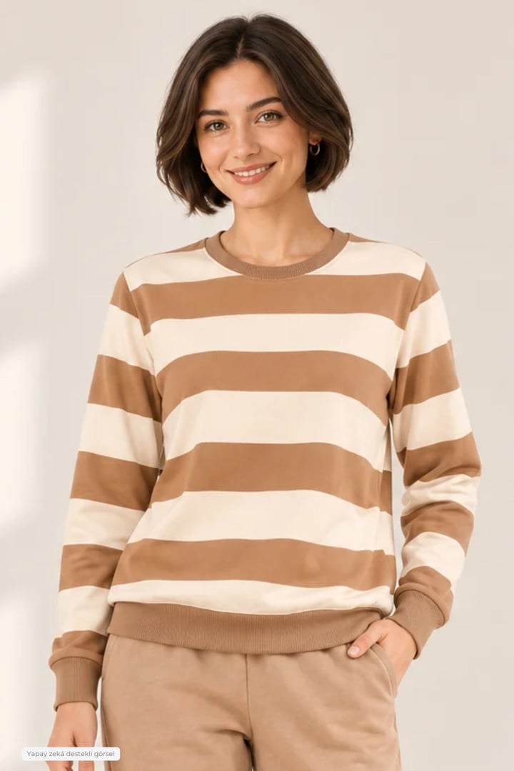 Kadın Bisiklet Yaka Sweatshirt Normal Kalıp Uzun Kollu-Bej Çizgili