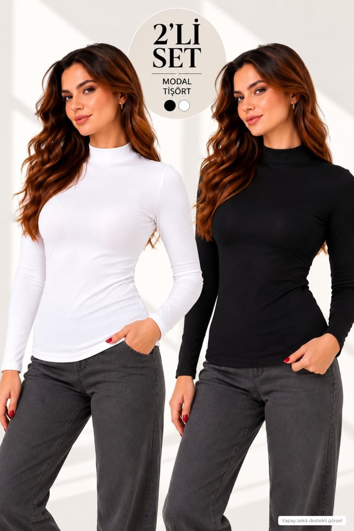 Kadın Modal Dik Yaka Slim Fit Tişört 2'li Paket-Siyah-Beyaz