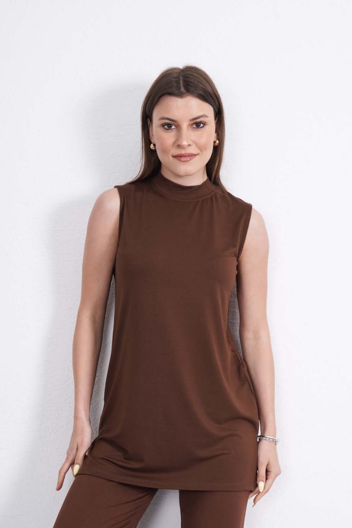 Viskon Kolsuz Tunik-Kahverengi