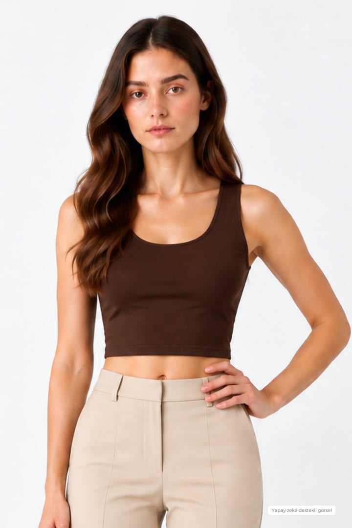 Crop Askılı Atlet-Kahverengi