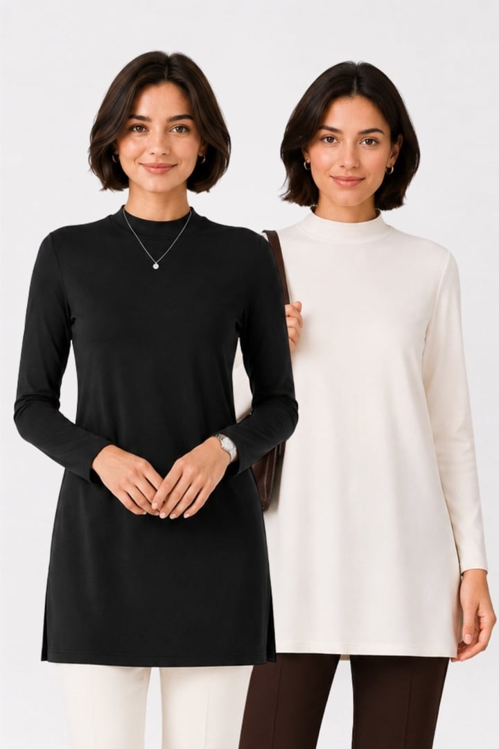 Premium Viskon Dik Yaka Uzun Tunik 2'li Satış-Siyah-Krem