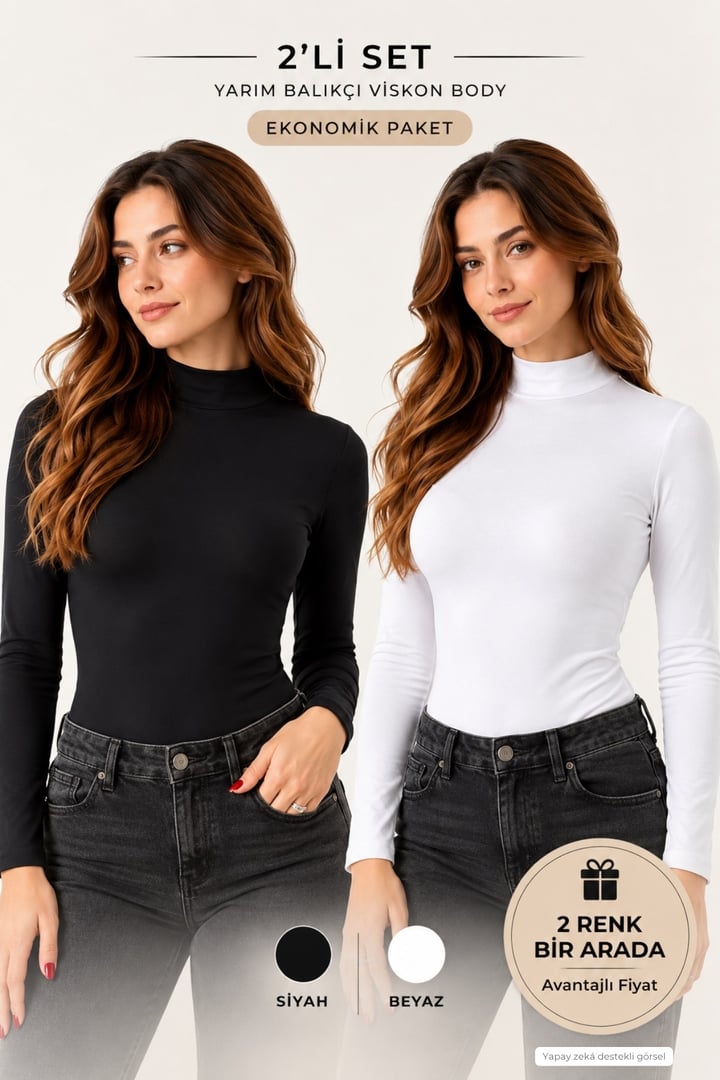 Kadın Viskon Boğazlı Kopçalı Zıbın Body 2'li Set Siyah-Beyaz