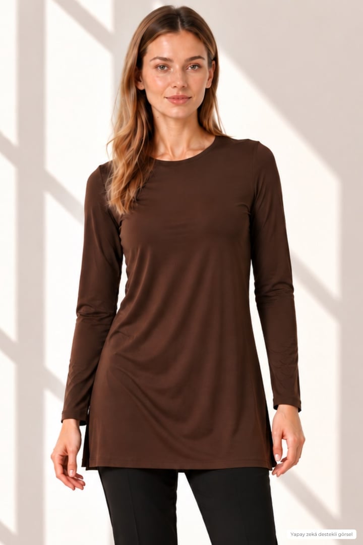 Premium Viskon Uzun Tunik-Kahve