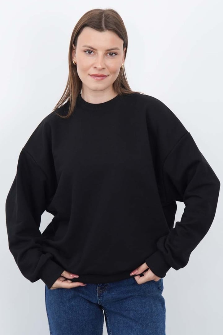 Valeria Kadın 3 İplik Şardonsuz Pamuk Oversize Bisiklet Yaka Siyah Sweatshirt 