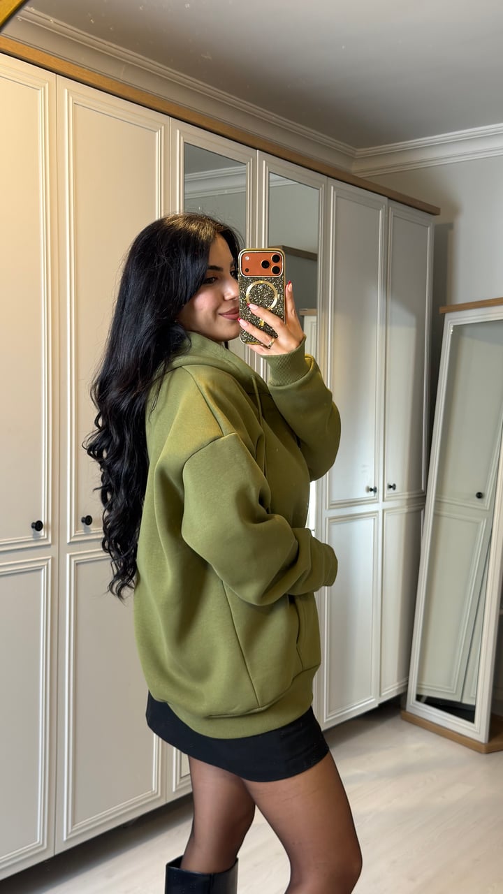 Alina Yeşil Kapüşonlu Üç İplik Sweatshirt