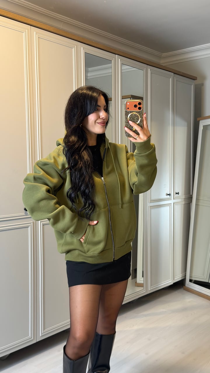 Alina Yeşil Kapüşonlu Üç İplik Sweatshirt