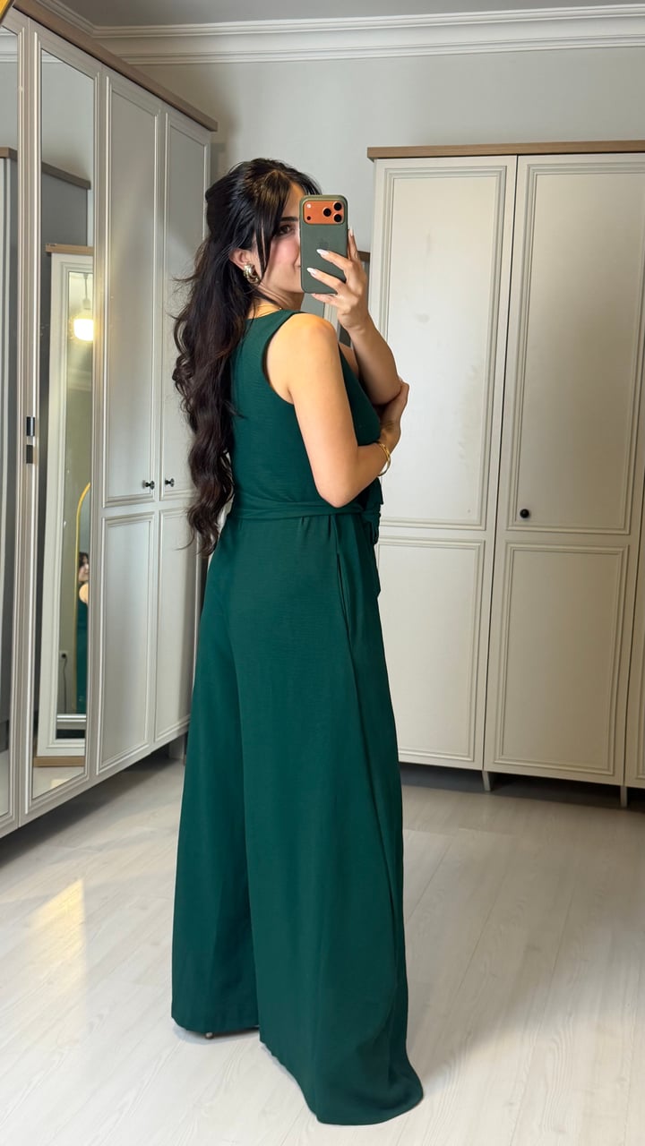 Alya Zümrüt Yeşili Kemerli Bol Paça Tulum