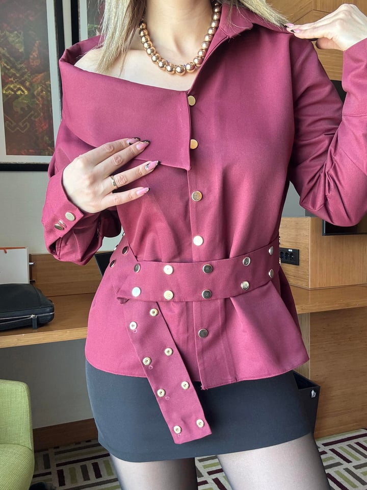 Amora Bordo Gold Düğmeli Kemerli Gömlek