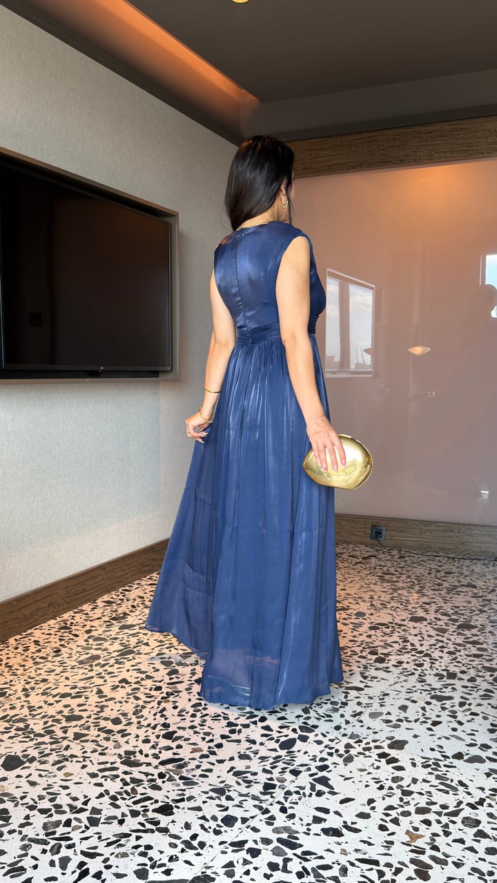 Barre Lacivert Halter Yaka Belden Oturtmalı Maxi Boy Elbise