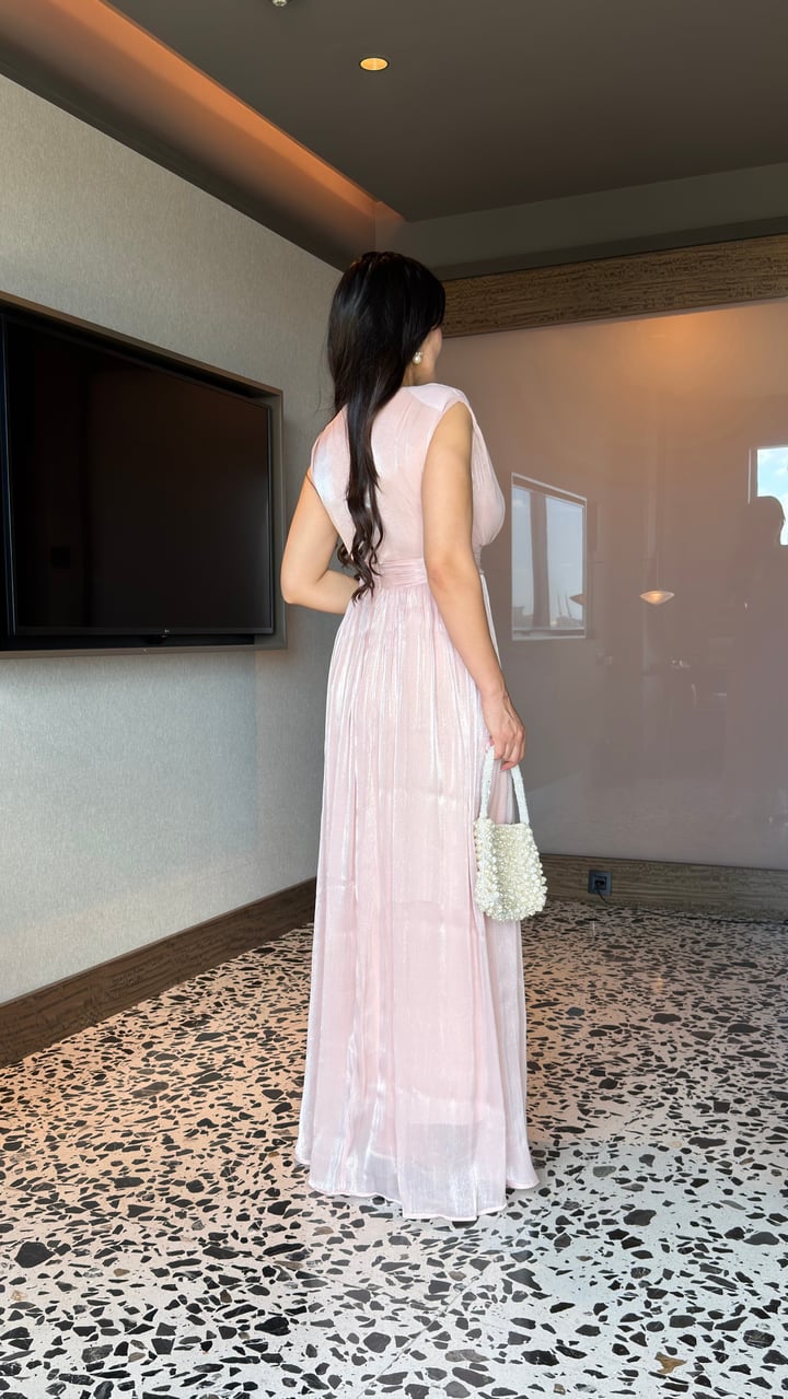 Barre Pudra Pembe Halter Yaka Belden Oturtmalı Maxi Boy Elbise