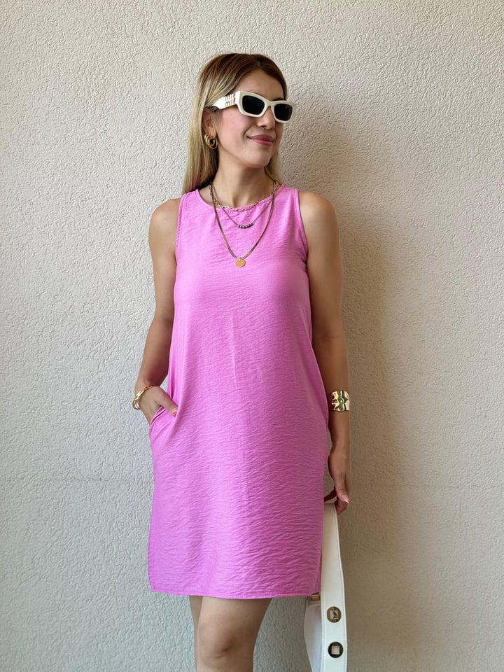 Bellini Pembe Keten Elbise 