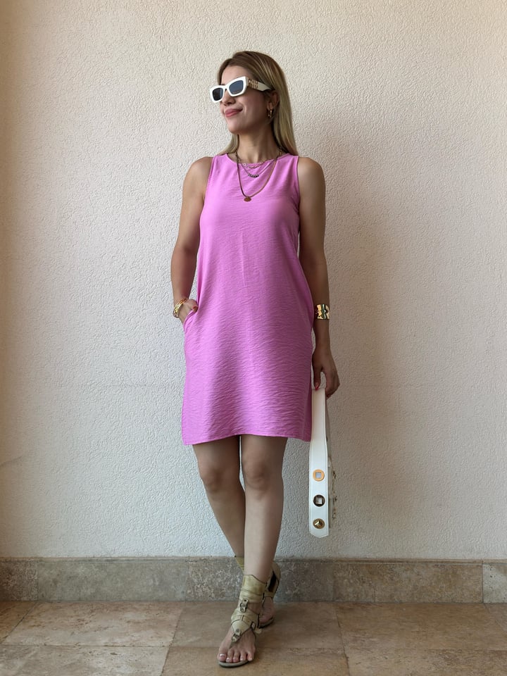 Bellini Pembe Keten Elbise 