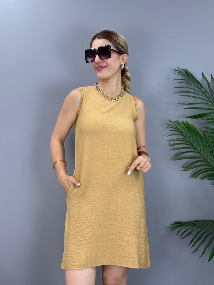 Bellini Sütlü Kahve Keten Elbise 