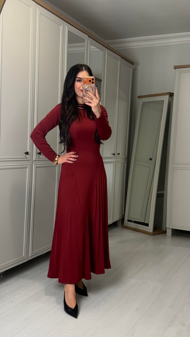 Besse Bordo Piliseli Maxi Boy Elbise