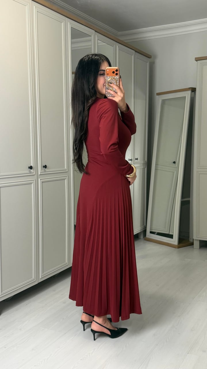 Besse Bordo Piliseli Maxi Boy Elbise
