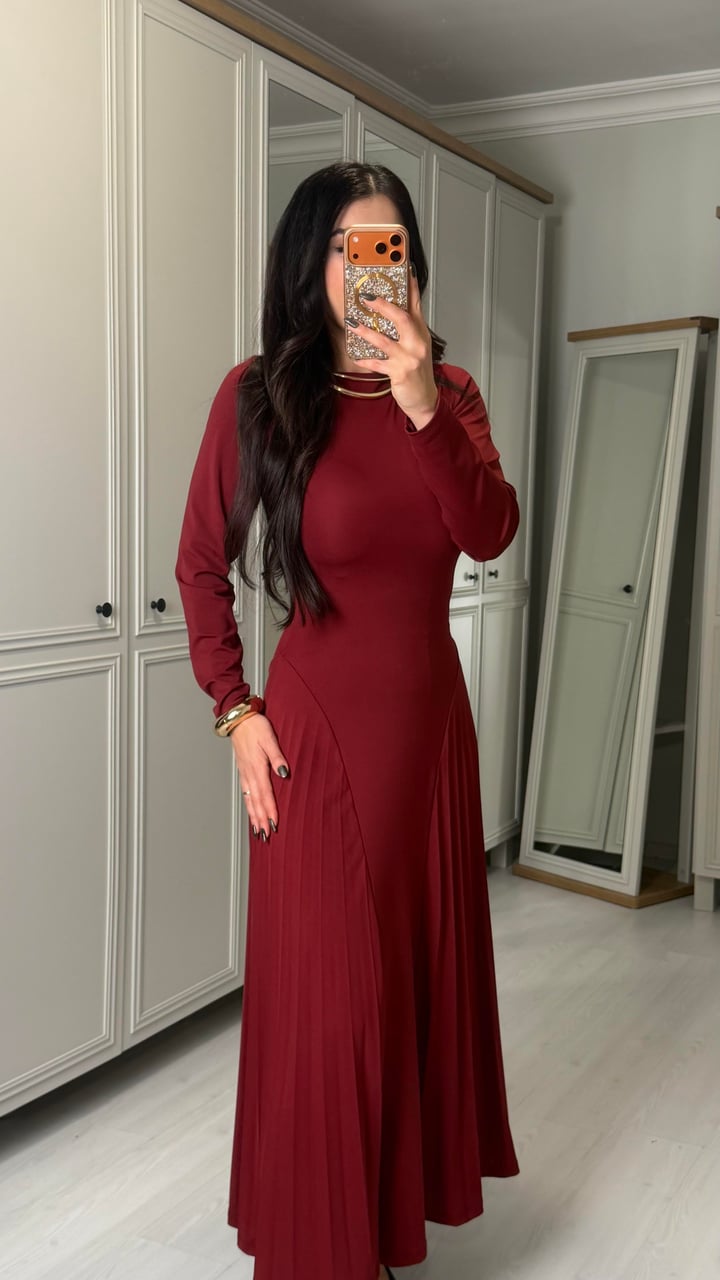 Besse Bordo Piliseli Maxi Boy Elbise