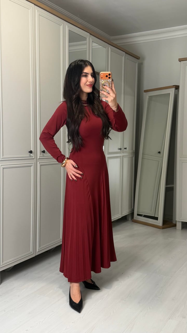 Besse Bordo Piliseli Maxi Boy Elbise