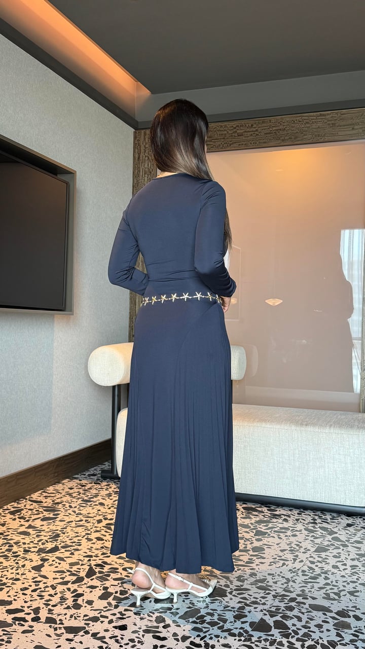 Besse Lacivert Piliseli Maxi Boy Elbise