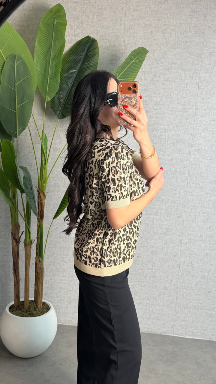 Besta Ekru Leopar Bisiklet Yaka Bluz