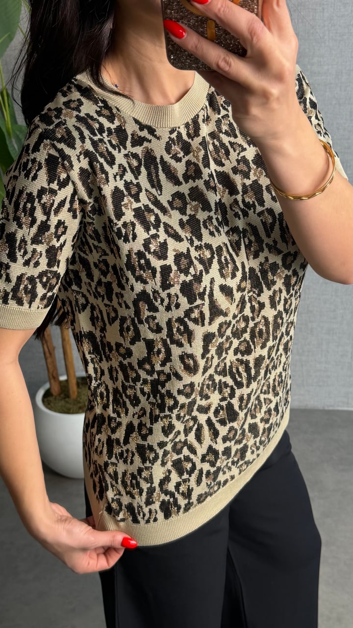 Besta Ekru Leopar Bisiklet Yaka Bluz