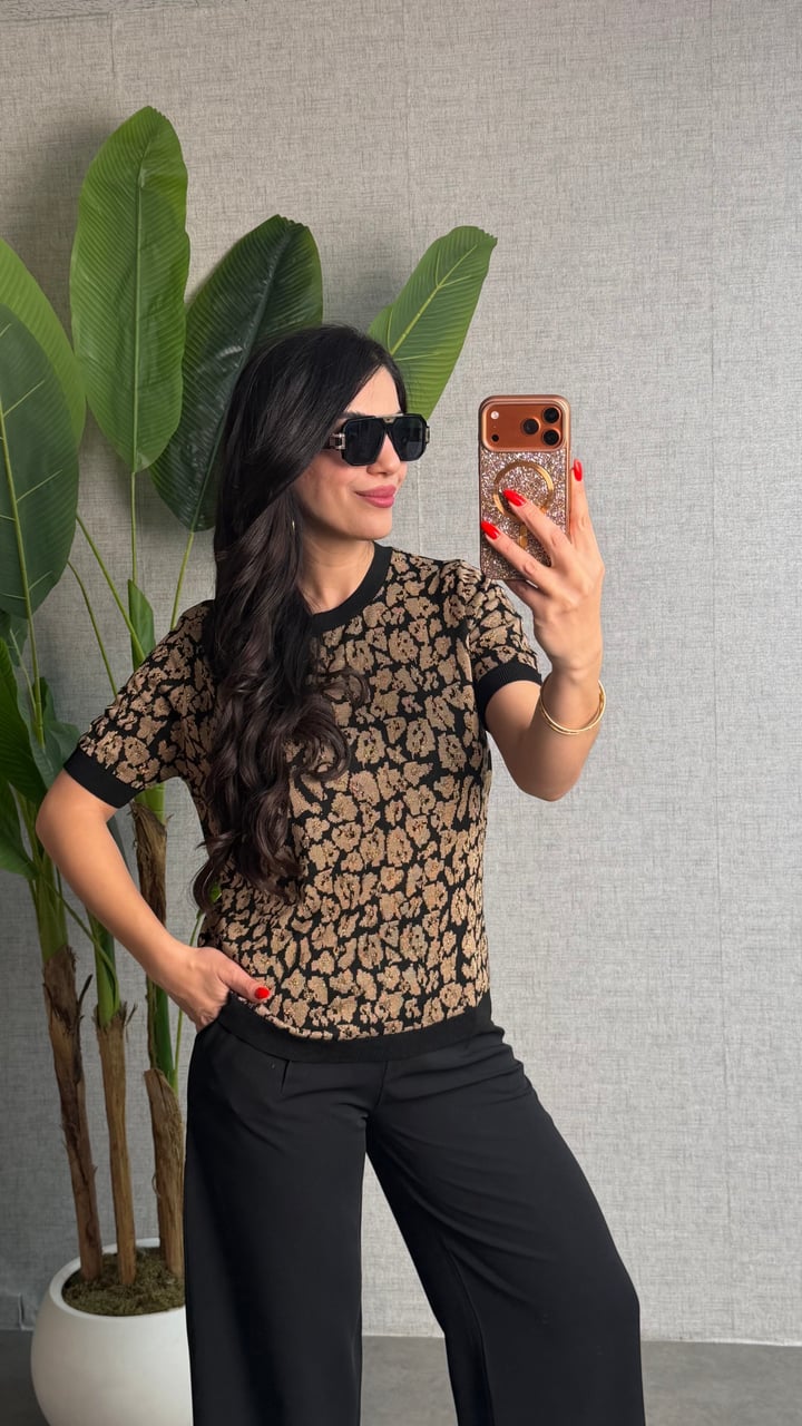 Besta Siyah Leopar Bisiklet Yaka Bluz