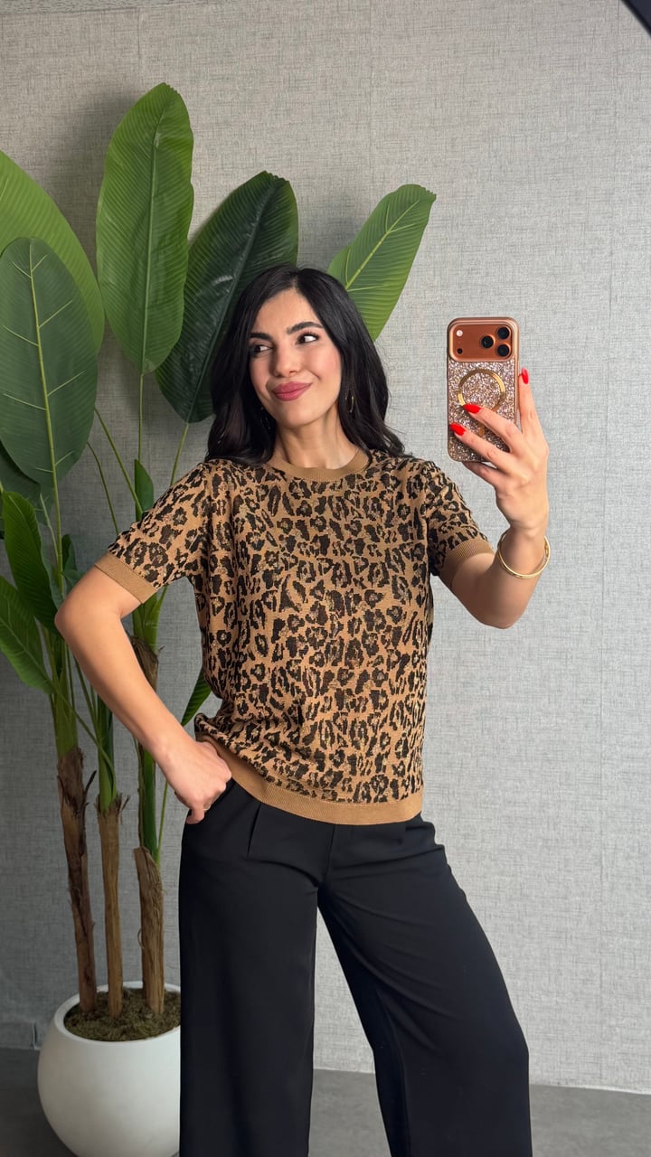 Besta Sütlü Kahverengi Leopar Bisiklet Yaka Bluz