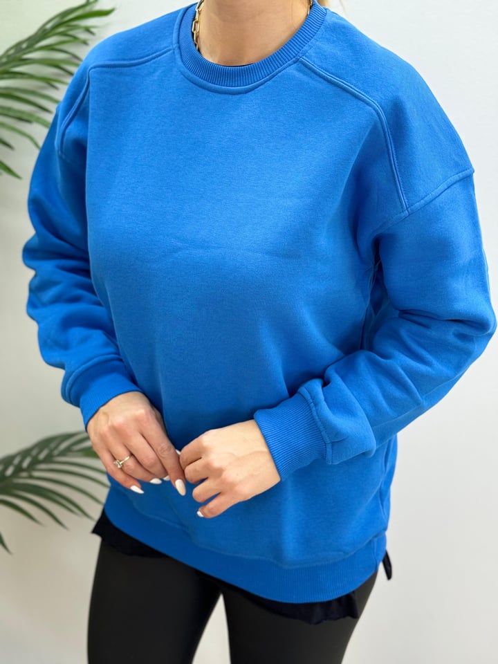 Bio Mavi İki İplik Şardonlu Bisiklet Yaka Sweatshirt