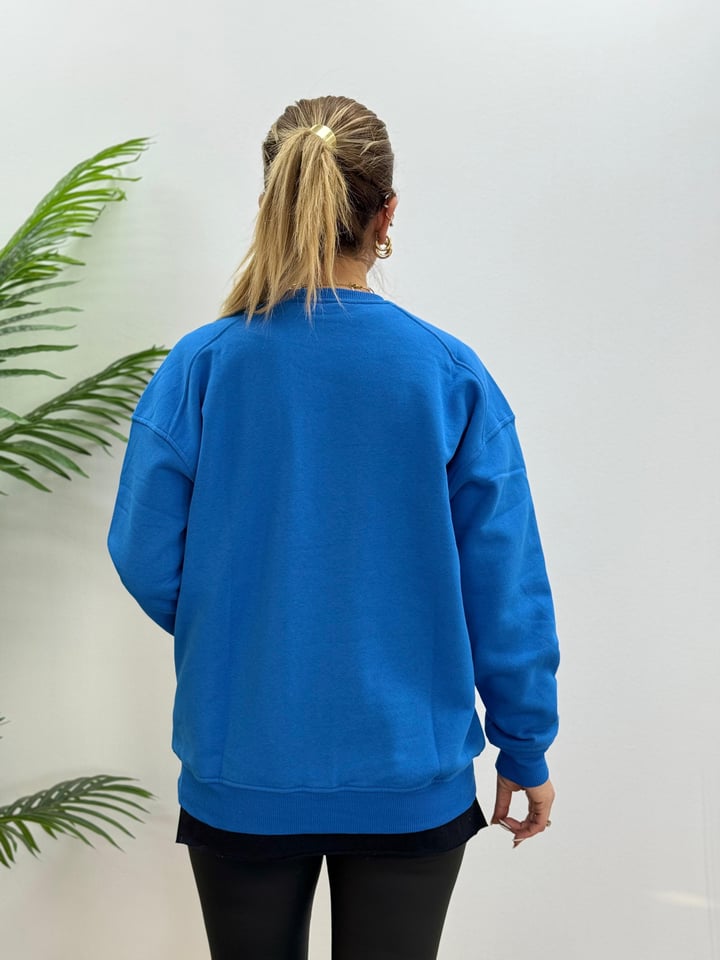Bio Mavi İki İplik Şardonlu Bisiklet Yaka Sweatshirt