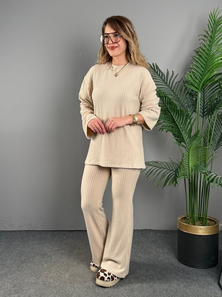 Birdena Fitilli Bej Triko İkili Takım