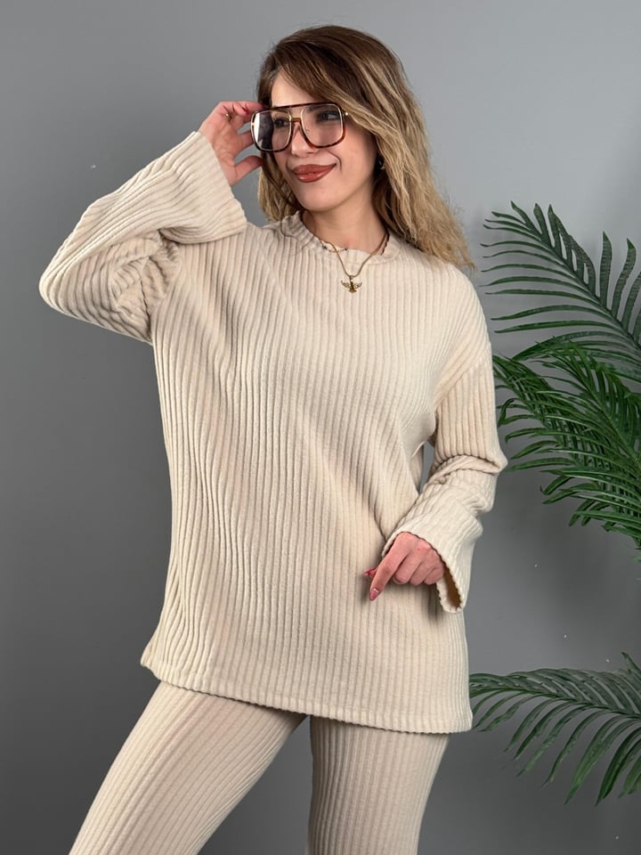 Birdena Fitilli Bej Triko İkili Takım