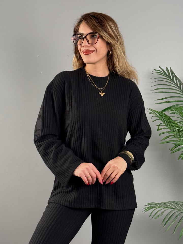 Birdena Fitilli Siyah Triko İkili Takım