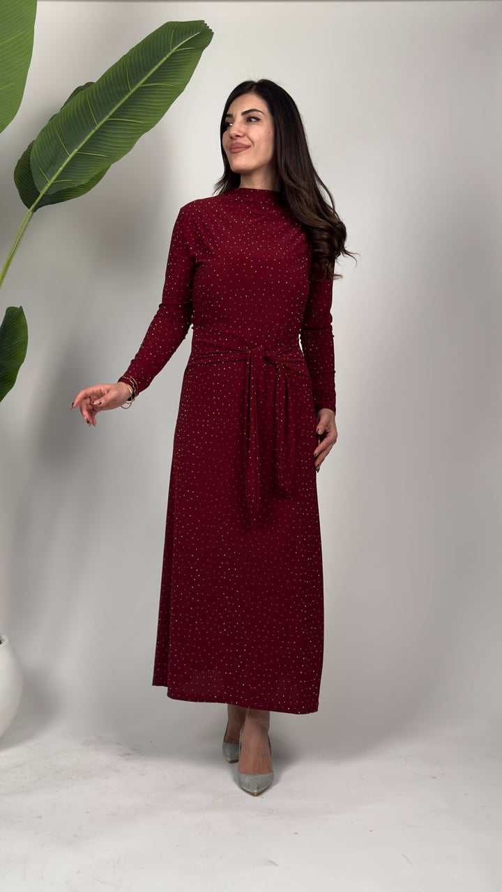 Brica  Bordo Taşlı Yandan Bağlamalı Sandy Elbise