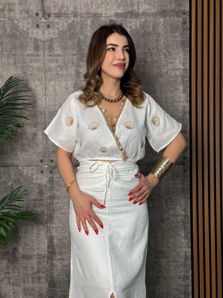 Cabu Beyaz  Tasarım Deniz Kabuklu Keten Etekli Takım