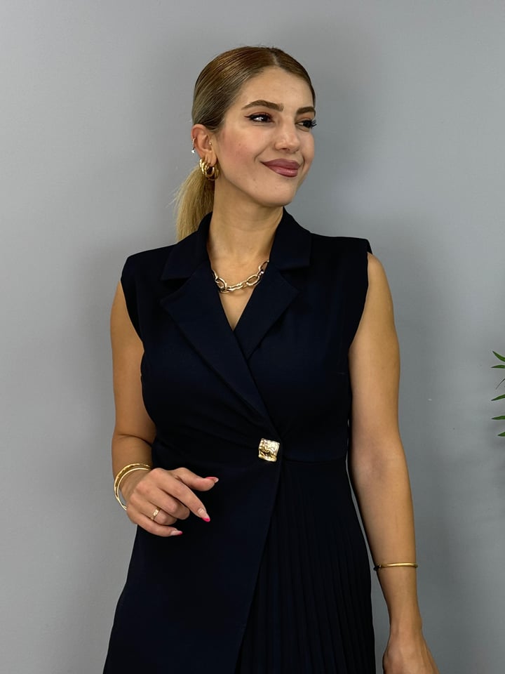 Cadeo Siyah Vatkalı Piliseli Kruvaze Elbise