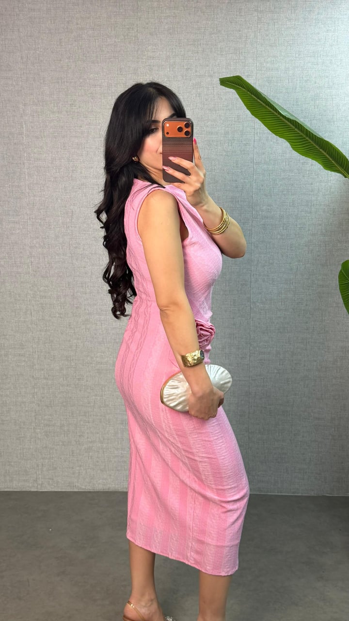 Caen Pembe Gül Broşlu Astarlı Elbise
