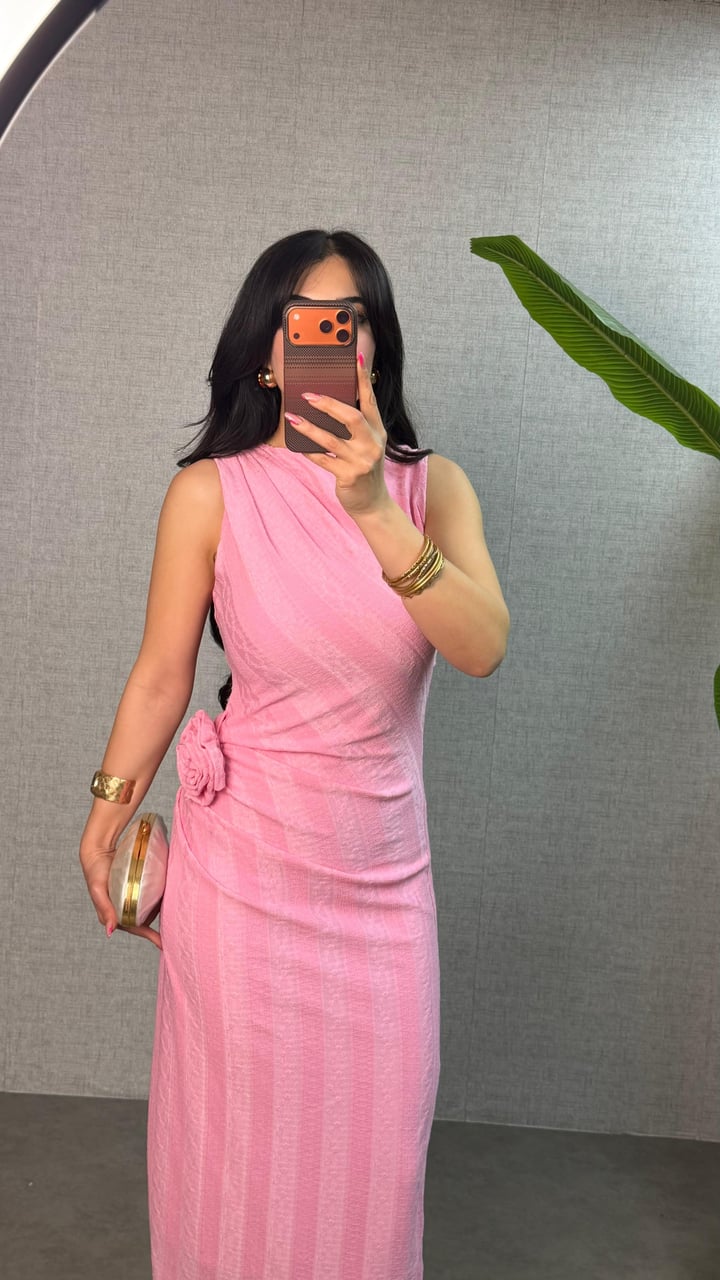 Caen Pembe Gül Broşlu Astarlı Elbise