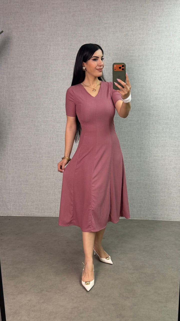 Camara Pembe V Yaka Bürümcük Salaş Elbise