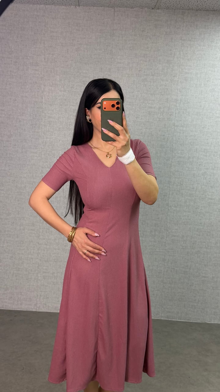 Camara Pembe V Yaka Bürümcük Salaş Elbise