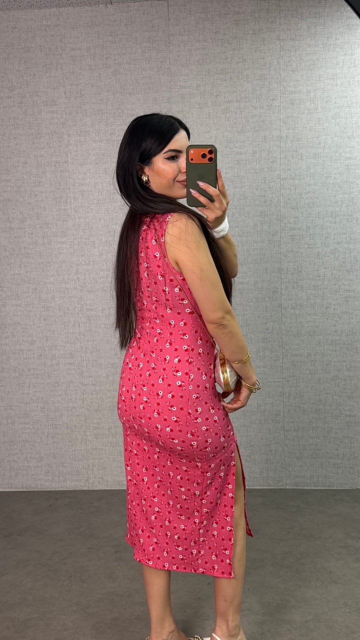Cany Pembe Çiçek Desenli Elbise