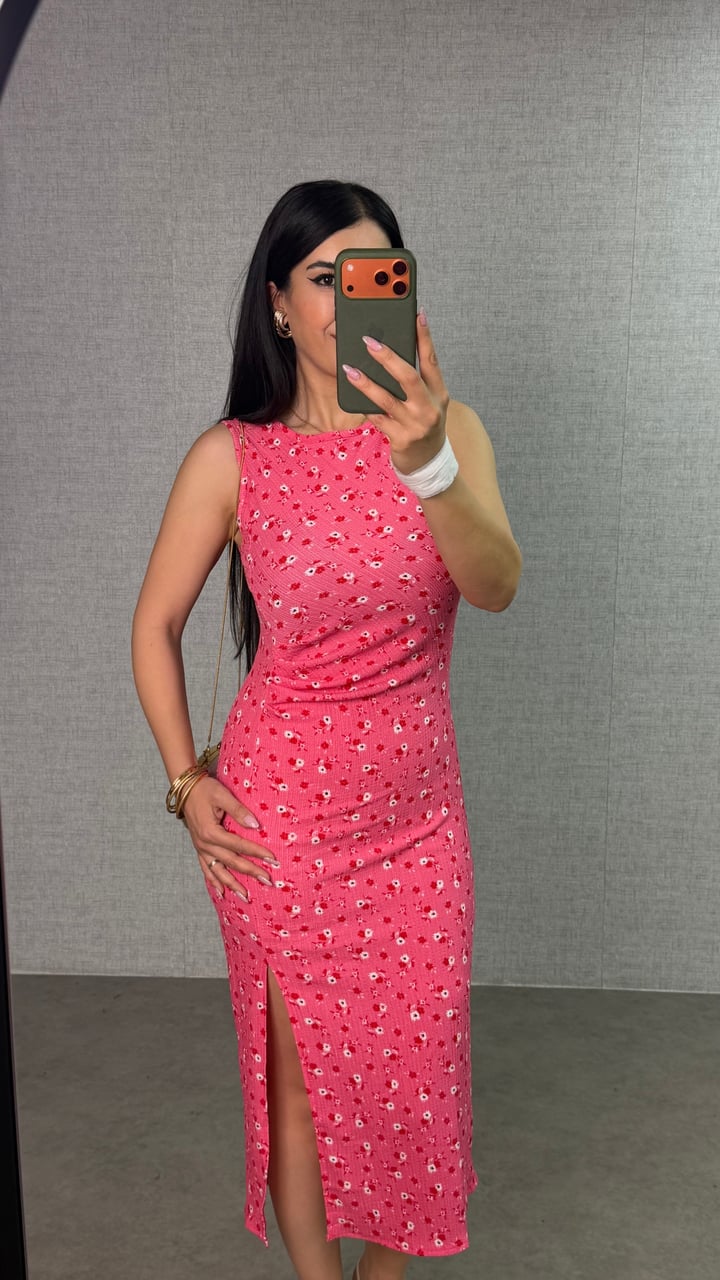 Cany Pembe Çiçek Desenli Elbise