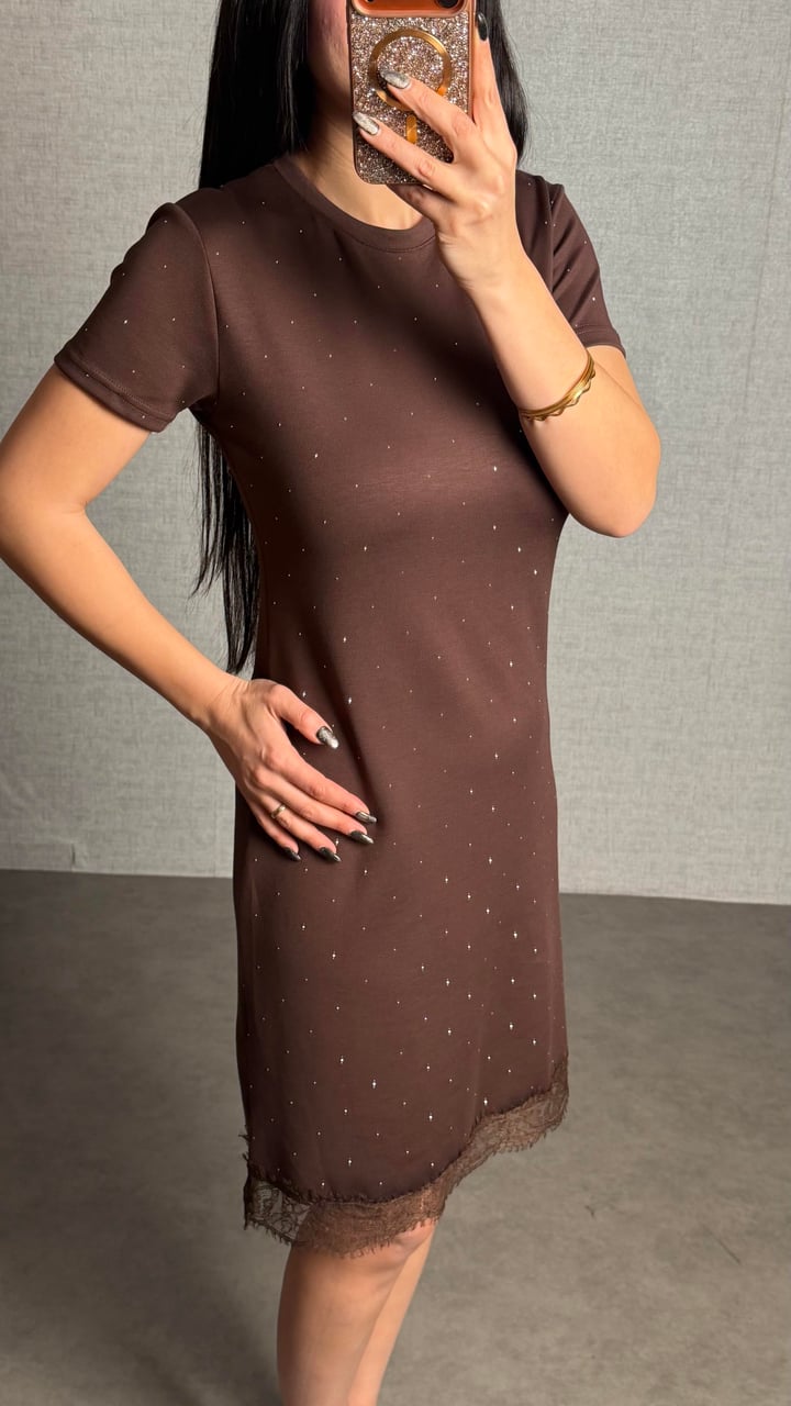 Caro Kahverengi Taşlı Basic Modal Elbise