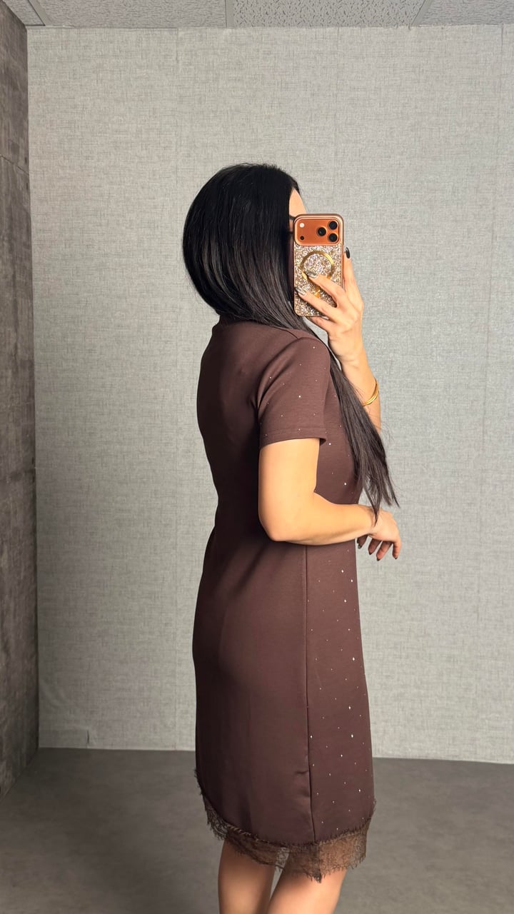 Caro Kahverengi Taşlı Basic Modal Elbise