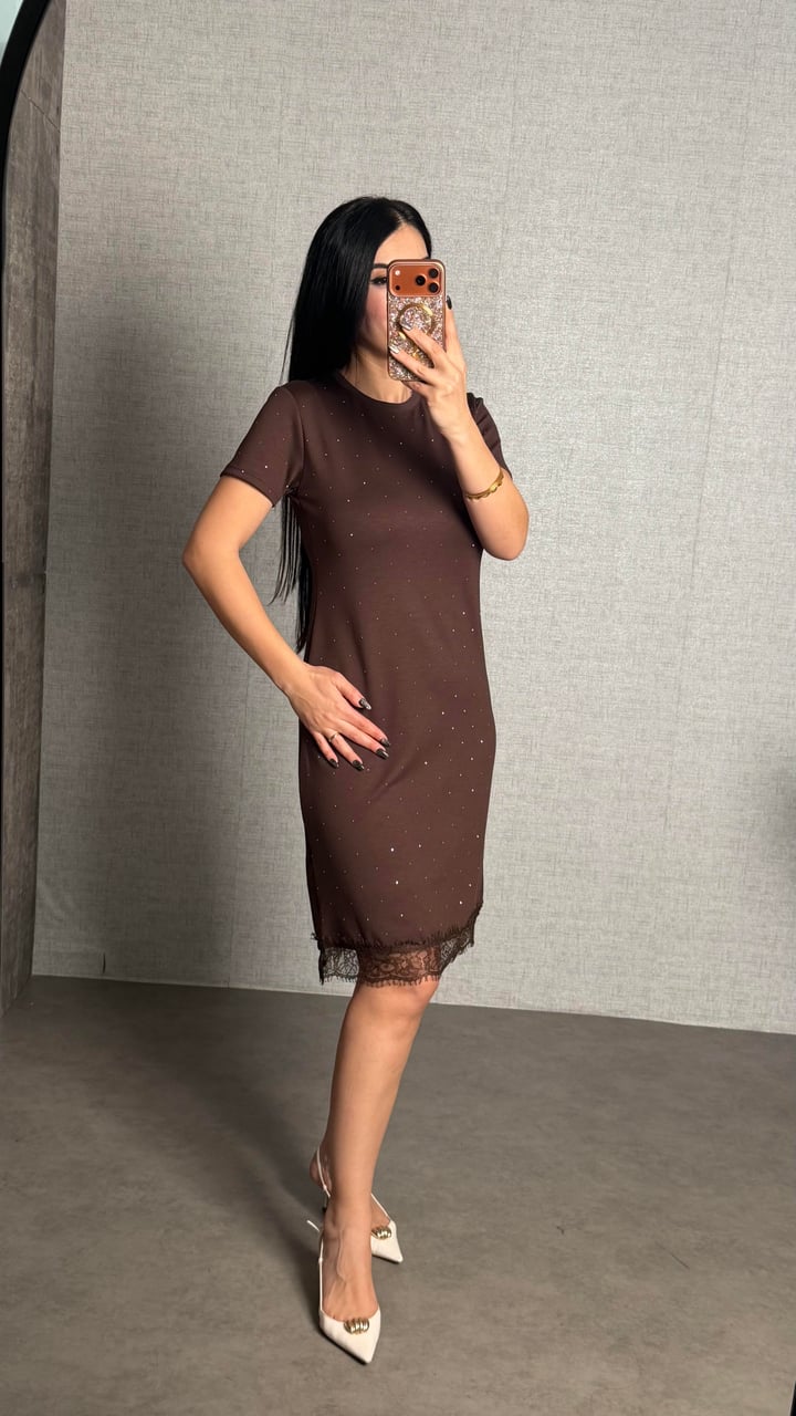 Caro Kahverengi Taşlı Basic Modal Elbise