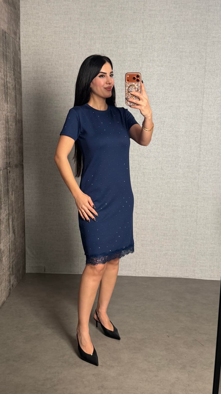 Caro Lacivert Taşlı Basic Modal Elbise