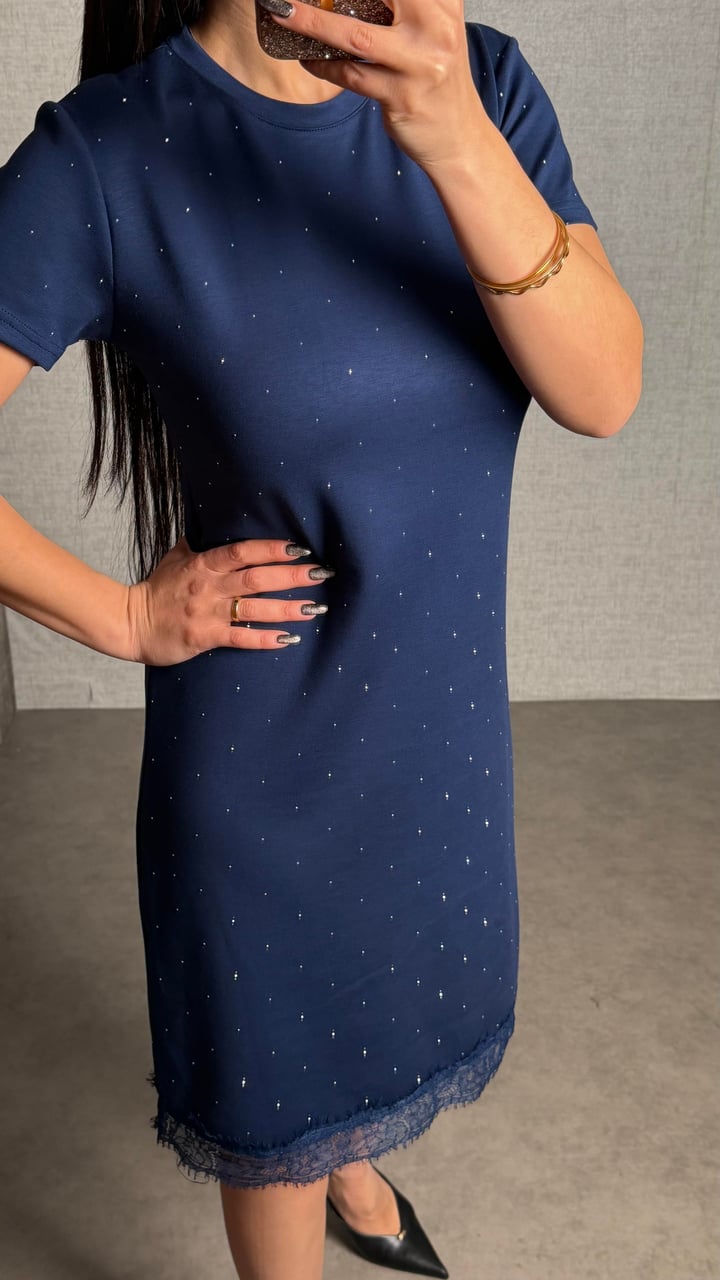 Caro Lacivert Taşlı Basic Modal Elbise