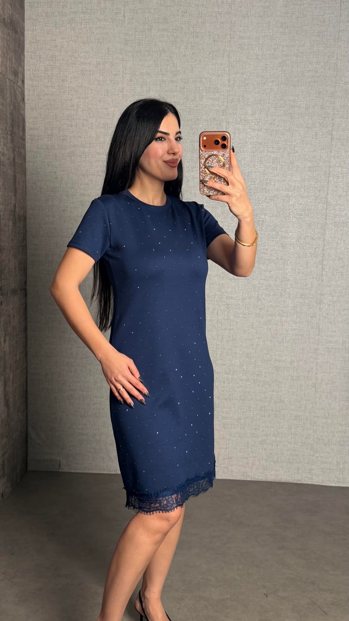 Caro Lacivert Taşlı Basic Modal Elbise
