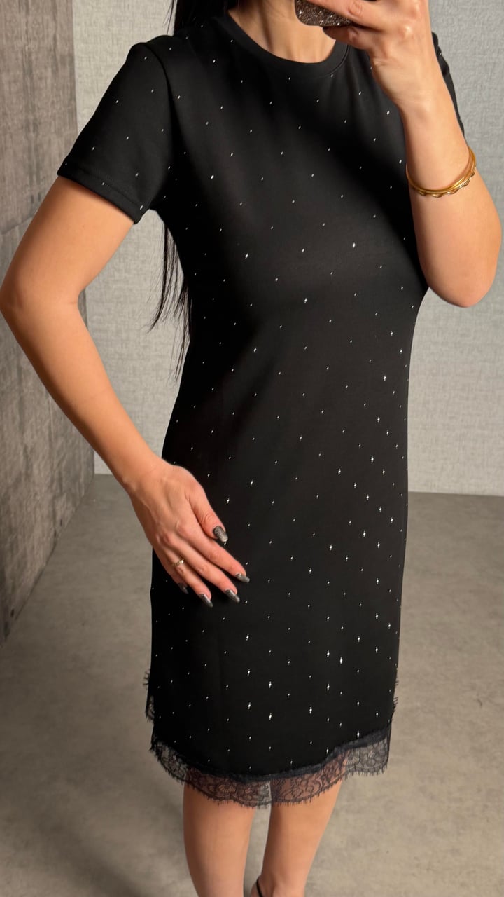 Caro Siyah Taşlı Basic Modal Elbise